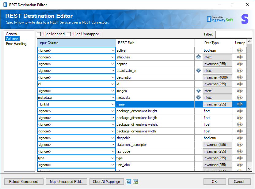 SSIS REST Stripe Destination - Columns